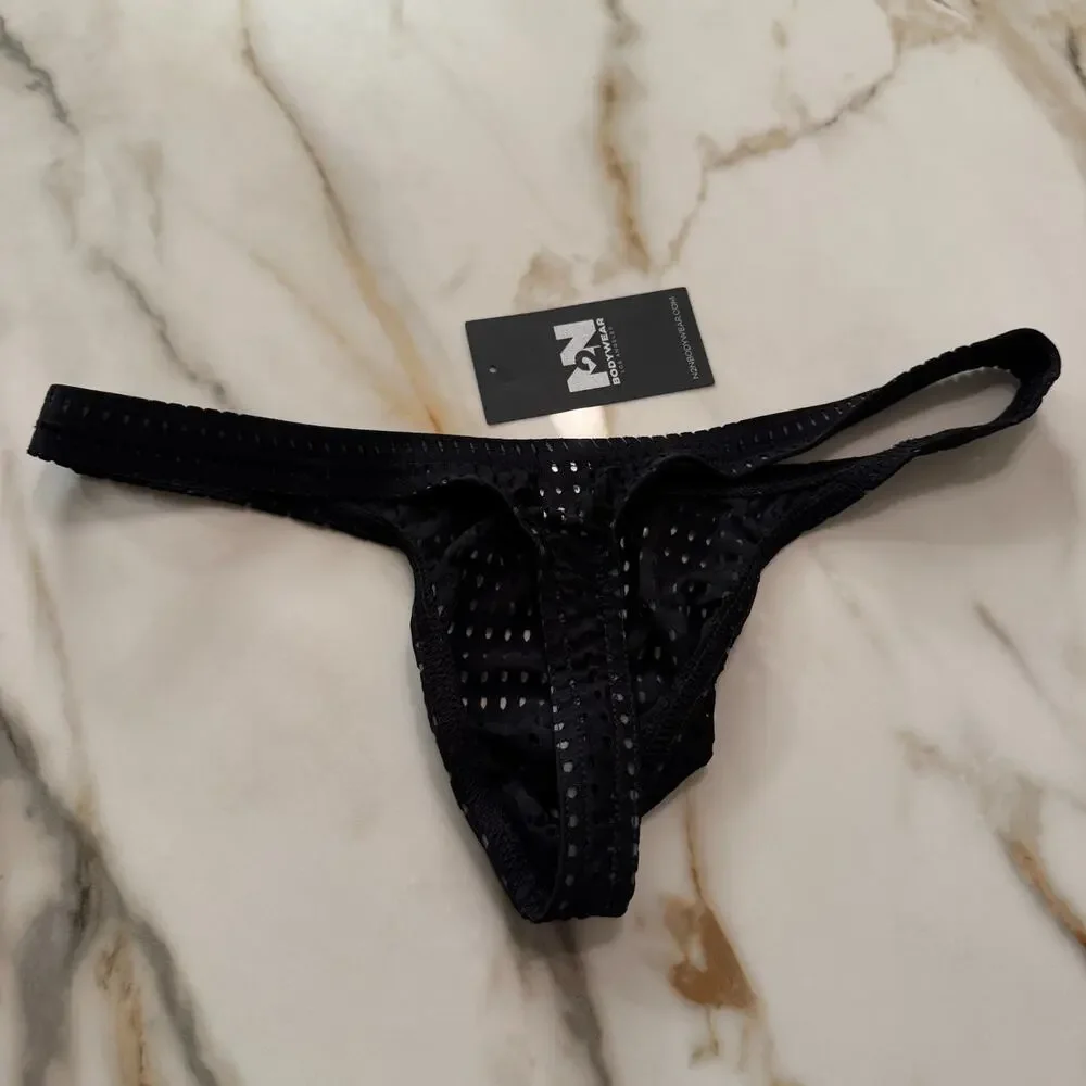NEW N2N Bodywear Mens Raider Swim Thong See Thru Mesh Color Black Size Large